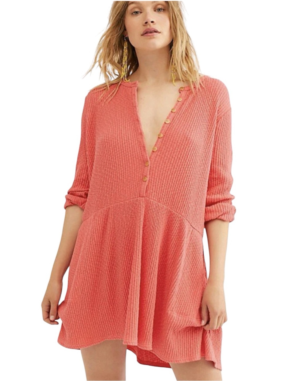 Free People Beach Ribbed Henley Coral Mini Dress M